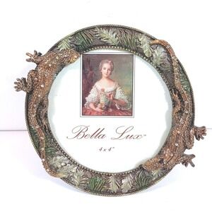 Bella Lux 4x4 Round Picture Frame Bronze Green Lizard Jewel Leaf Tabletop Accent